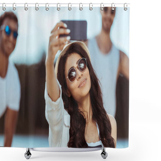 Personality  Young Woman Taking Selfie Shower Curtains