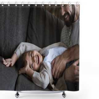 Personality  Father With Daughter Laying On Couch, Hugging And Laughing At Home Shower Curtains
