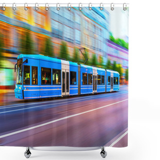Personality  Modern Tram On City Street In Stockholm, Sweden Shower Curtains
