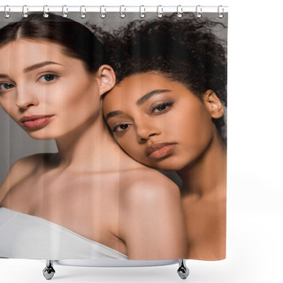 Personality  Portrait Of Tender Multicultural Women With Clean Skin, Isolated On Grey Shower Curtains