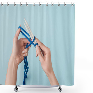Personality  Partial View Of Woman With Blue Yarn And White Knitting Needles Knitting On Blue Backdrop Shower Curtains