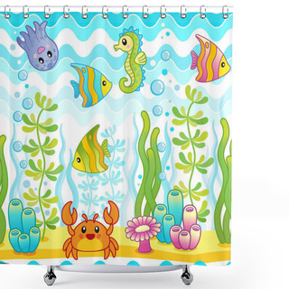 Personality  Vector Seamless Pattern With Underwater Design And Funny Sea Creatures. Aquarium Party Surface Design With Bright Fishes, Red Crab, Octopus And Seahorse. Shower Curtains