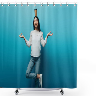 Personality  Smiling Brunette Asian Woman Meditating With Coffee To Go On Head On Blue Background Shower Curtains