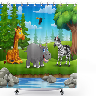 Personality  Vector Illustration Of The Animals Are Enjoying Nature By The River Shower Curtains