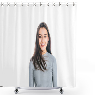 Personality  Portrait Of Beautiful Smiling Woman Looking At Camera Isolated On White Shower Curtains