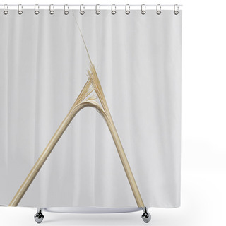 Personality  One Cracked Broken Wooden Bamboo Stick Twig Torn To Fiber Fibers On A White Gray Background. Shower Curtains