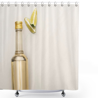 Personality  Top View Of Golden Tequila In Bottle With Lime On White Marble Surface Shower Curtains