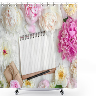 Personality  Blank Lined Notebook In Flower Frame Made Of Pink And White Peony, Roses And Jasmine Flowers And Gift Box Shower Curtains