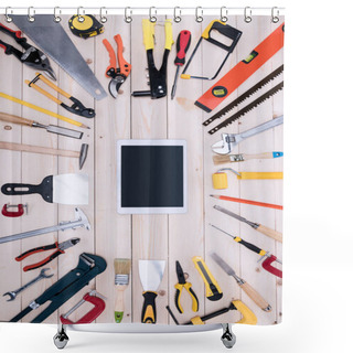 Personality  Top View Of Different Tools With Digital Tablet On Wooden Tabletop Shower Curtains