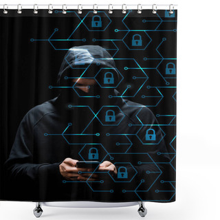 Personality  Hacker In Hood Using Smartphone Near Padlocks On Black, Cyber Security Concept  Shower Curtains