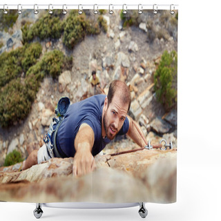 Personality  Man Rock Climbs On Steep Cliff Shower Curtains
