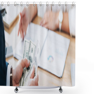 Personality  Selective Focus Of Man Holding Dollar Banknotes At Office  Shower Curtains