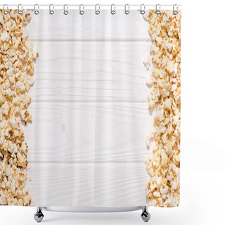 Personality  Full Frame Of Arranged Popcorn On White Wooden Tabletop Shower Curtains