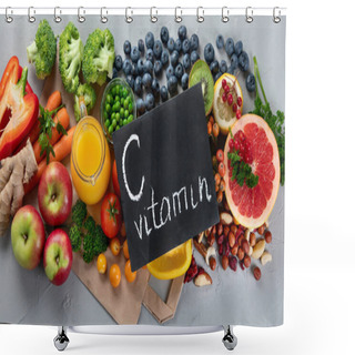 Personality  Foods High In Vitamin C. Food Rich In Antioxidant, Fiber, Carbohydrates.  Boost Immune System And Brain; Balances Cholesterol; Promotes Healthy Heart. Top View, Copy Space , With Chalkboard  Shower Curtains
