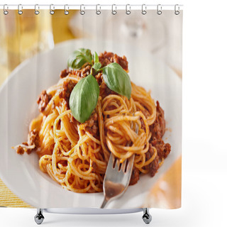 Personality  Spaghetti With Basil Garnish In Meat Sauce Shower Curtains