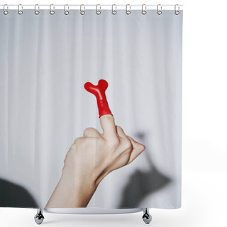Personality  Cropped View Of Provocative Young Man Showing Middle Finger With Red Balloon On Grey Background Shower Curtains