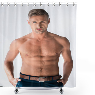 Personality  Serious Shirtless Macho Looking At Camera Isolated On White Shower Curtains