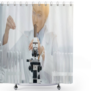 Personality  Microscope Near African American Scientist In Glasses Holding Sample On Blurred Background  Shower Curtains