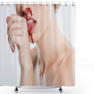 Personality  Close Up Of Naked Woman With Injury On Face Licking Blood From Hand Isolated On White Shower Curtains