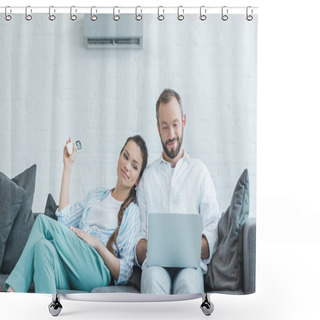 Personality  Couple Turning On Air Conditioner During The Summer Heat While Using Laptop Shower Curtains