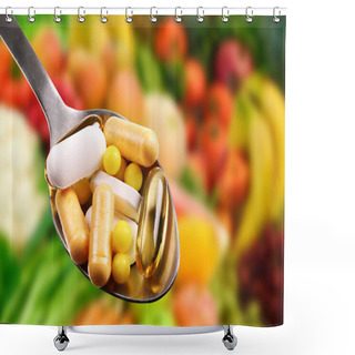 Personality  Spoon With Dietary Supplements On Fruits Background Shower Curtains