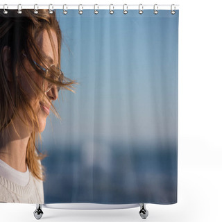 Personality  Young Woman On The Beach. The Girl Enjoying The Warm Autumn Day. Portrait Of Beautiful Girl Near The Water Shower Curtains