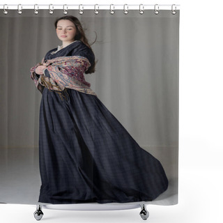 Personality  A Young Victorian Woman Wearing A Blue Cotton Dress With Vintage Lace Trim Against A Studio Backdrop Shower Curtains