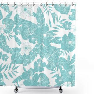 Personality  Vector Light Blue Drawing Tropical Summer Hawaiian Seamless Pattern With Tropical Plants, Leaves, And Hibiscus Flowers. Great For Vacation Themed Fabric, Wallpaper, Packaging. Shower Curtains