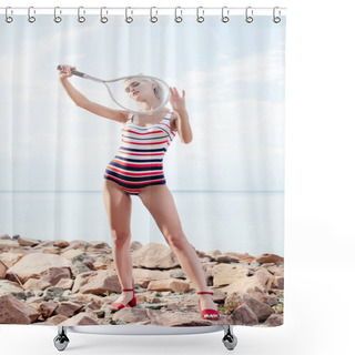 Personality  Stylish Girl In Retro Striped Swimwear Posing With Tennis Racket On Rocky Beach Shower Curtains