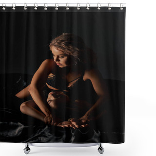 Personality  A Woman Sits On A Bed, Bathed In The Darkness Of The Room, Lost In Thought And Contemplation Next To Other Woman. Shower Curtains