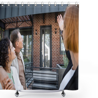 Personality  Blurred Redhead Realtor Pointing At House Near Married Interracial Couple Shower Curtains