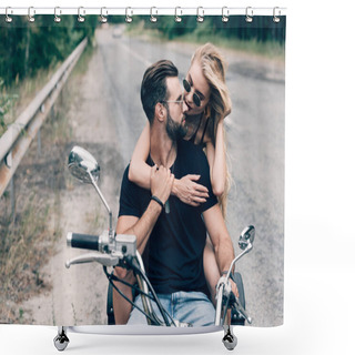 Personality  Young Couple Of Bikers Hugging And Looking At Each Other On Black Motorcycle On Road Near Green Forest Shower Curtains