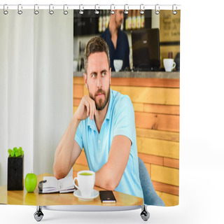 Personality  Man Bearded Dreamy Face Needs Inspiration. Caffeine Makes You More Productive. Serious Guy Enjoy Caffeine Drink Close Up. Start Day With Big Cup Of Coffee. Increase Productivity With Coffee Break Shower Curtains