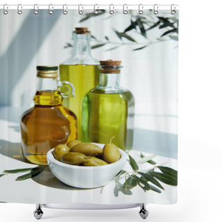 Personality  Various Bottles Of Aromatic Olive Oil, Bowl With Green Olives And Branches On White Table Shower Curtains