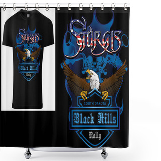 Personality  T-shirt Design Sturgis With Bald Eagle And Blue Coat Of Arm And Blue Motorcycle Drawing - Colored Illustration Isolated On Black Background, Vector Shower Curtains