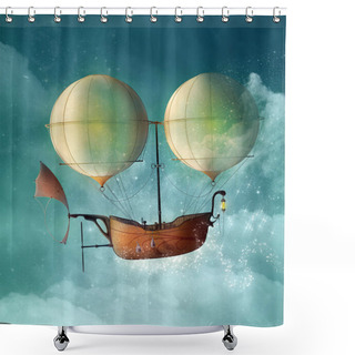 Personality  Fantasy Steampunk Vessel Flies In A Starry Sky - 3D Illustration Shower Curtains