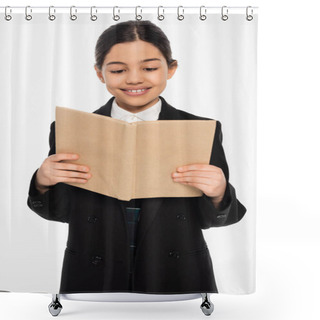 Personality  Happy Schoolgirl In Uniform Reading Book, Student With Brunette Hair Isolated On White, Smart Girl Shower Curtains