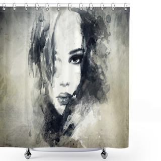 Personality  Beautiful Woman Face. Watercolor Illustration Shower Curtains
