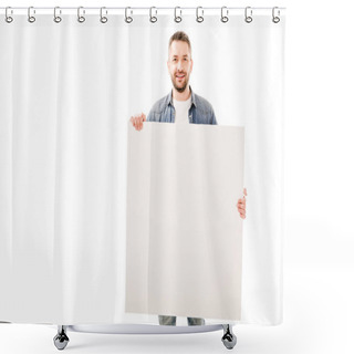 Personality  Front View Of Smiling Bearded Man Holding Blank Placard Isolated On White Shower Curtains