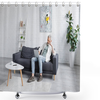 Personality  Man With Grey Hair Using Laptop While Sitting On Couch Near Cup Of Coffee And Smartphone With Blank Screen On Coffee Table Shower Curtains