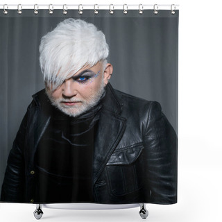 Personality  Free And Queer. Transgender Person. Exotic Hipster Man With Fashion Hairstyle. Hipster Fashion Style. Support Transgender Rights. Male Makeup Look. Bearded Man With Male Makeup Shower Curtains