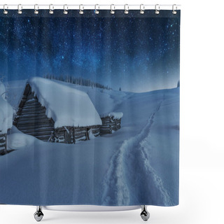Personality  Fairytale Landscapes Of The Winter Carpathian Mountains With A Charming Milky Way In The Sky Tourist Tents And Snowy Houses In The Valleys Shower Curtains