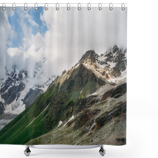 Personality  View Of Snowy Mountain Peaks With Grass On Slopes Under Clouds, Ushguli, Svaneti, Georgia  Shower Curtains