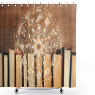 Personality  Old Books And Illustration Of Zodiac Wheel With Astrological Signs On Wooden Background Shower Curtains