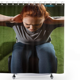 Personality  Overhead View Of Purposeful Overweight Girl Doing Abs Exercise On Fitness Machine  Shower Curtains