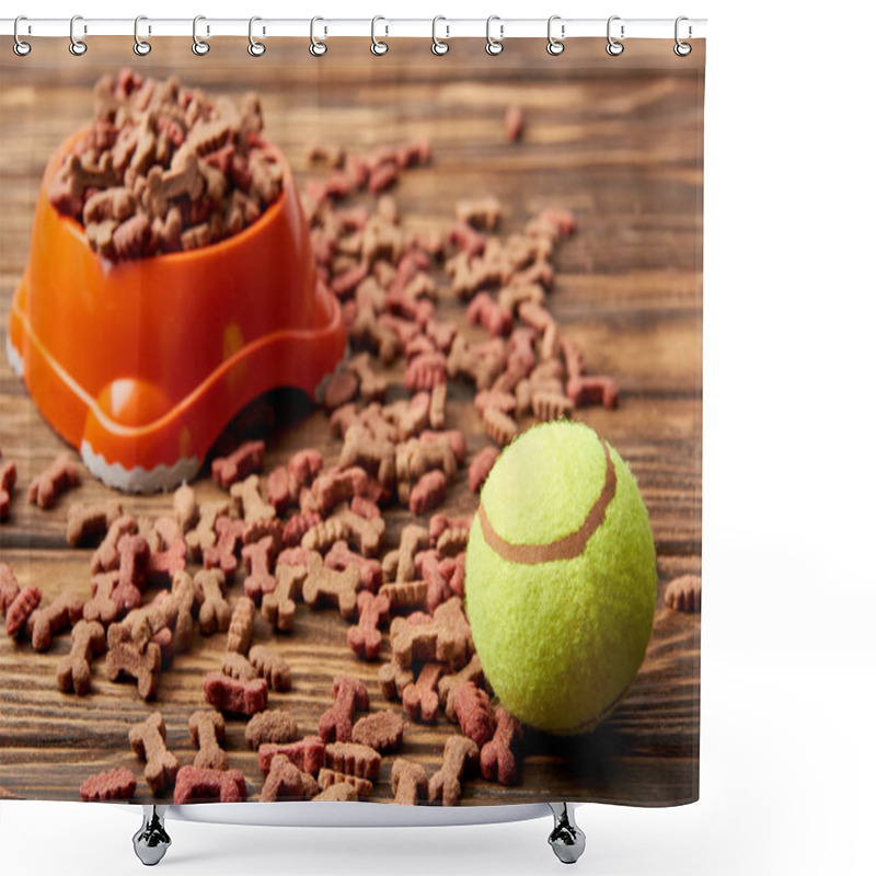 Personality  Selective Focus Of Plastic Bowl With Dog Food And Ball On Wooden Table Shower Curtains