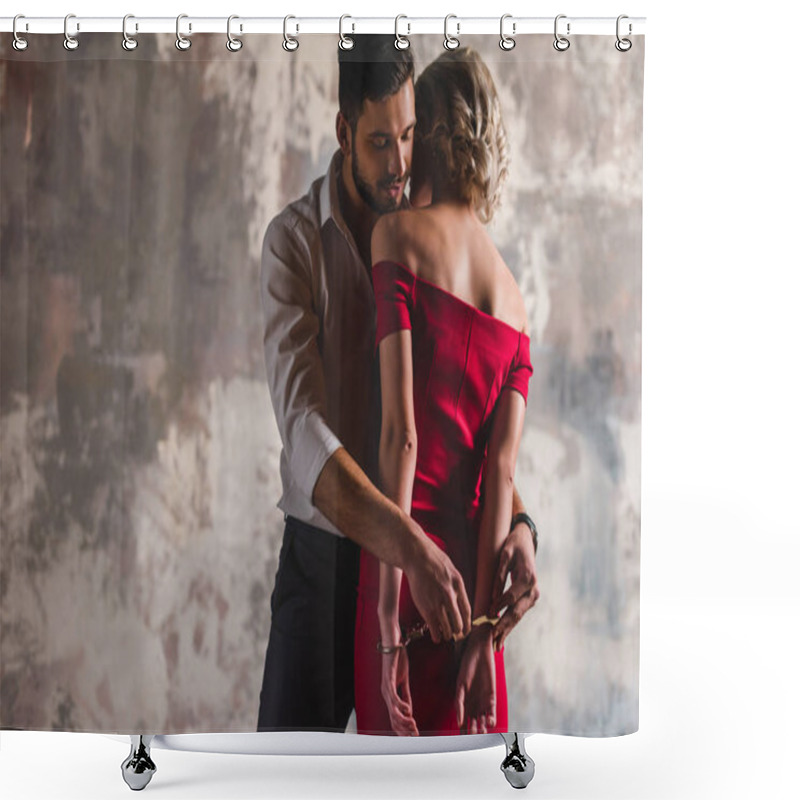 Personality  Handsome Young Man Putting Handcuffs On Seductive Woman In Red Dress  Shower Curtains