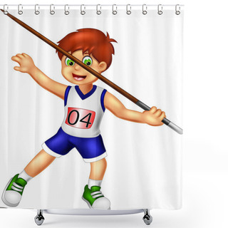 Personality  Funny Javelin Player Cartoon In Action With Smile Shower Curtains