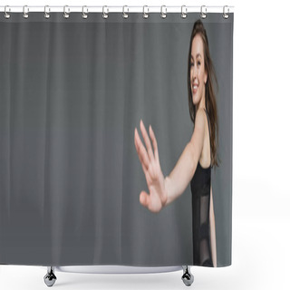 Personality  Fashionable And Confident Brunette Model With Natural Makeup Posing In Sexy Black And Form-fitting Bodysuit Looking At Camera While Standing In Isolated On Grey, Outstretched Hand, Banner  Shower Curtains