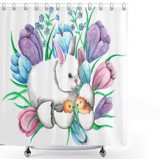 Personality  Hand-drawn Watercolor Illustration Of A Rabbit And Chickens In Tulips. Easter Theme. Isolated On White. Idea For Easter Postcards, Posters, Print, Etc. Shower Curtains